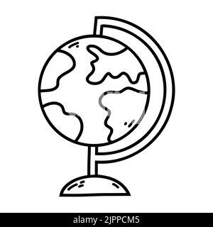 Hand drawn doodle globe icon. Vector sketch illustration of black outline earth sphere, world globe map for print, coloring page, kids design, logo Stock Vector