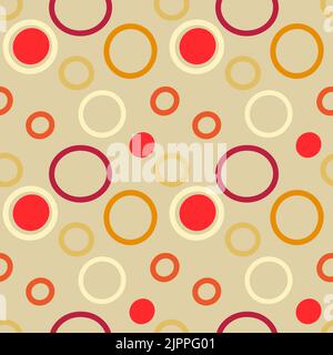 Circle seamless pattern. Red circles on beige background. 60s,70s style. Stock Vector