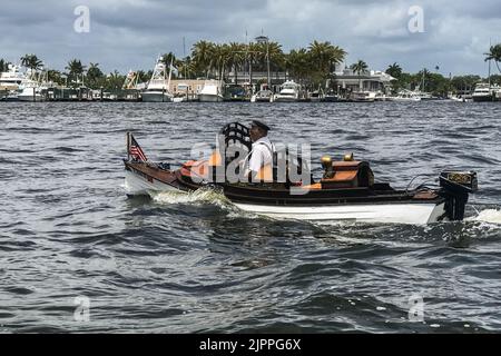 FORT LAUDERDALE, FL / USA - MAY 23: A man steers a bizarre, quirky boat along the intracoastal waterway on May 23, 2020 in Fort Lauderdale, FL. Stock Photo