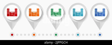 Music, stereo equipment concept vector icons, infographic template easy to edit, set of colorful flat design pointers for webdesign and mobile applica Stock Vector