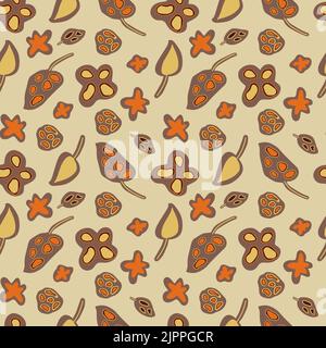 Retro floral autumn seamless pattern. Stylized flowers and leaves on beige background. 60s, 70s style. Stock Vector