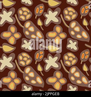 Retro floral seamless pattern. Stylized flowers and leaves on dark brown background. 60s, 70s style. Stock Vector