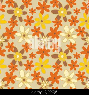Orange and yellow flowers on beige background. Retro 70's and 60's style summer print. Stock Vector