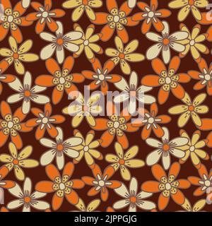 Yellow and orange flowers on dark brown background. Retro 70's and 60's style print. Stock Vector
