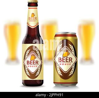 Realistic glass beer bottle and tin can with glasses on background vector illustration Stock Vector