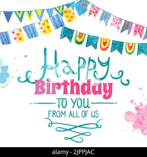 Happy birthday greeting card with water color flag garland vector illustration Stock Vector