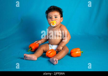 Healthy Native American baby, from the Santa Clara Pueblo in New Mexico plays with  three large orange bell peppers while sucking on a pacifier in his Stock Photo
