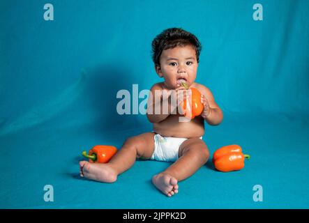 Healthy Native American baby, from the Santa Clara Pueblo in New Mexico plays with  three large orange bell peppers Stock Photo