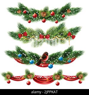 Christmas realistic borders set with pine tree and decorations isolated vector illustration Stock Vector