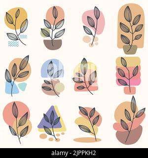 leaf line art boho aesthetic elements set vector illustration Stock Vector