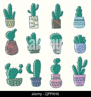 Cactus pot hand drawn elements collection vector illustration Stock Vector