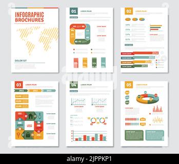 Infographic brochures set with statistics and progress symbols flat isolated vector illustration Stock Vector