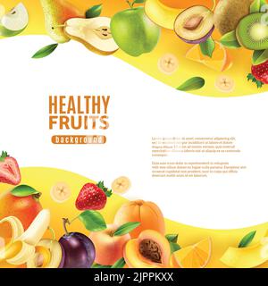 Healthy fresh natural organic fruits diet colorful background banner with tropical bananas and kiwis  abstract vector illustration Stock Vector