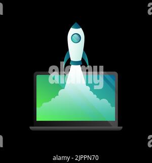 Graphic Rocket Launching from the Laptop on Black Background. Vector illustration Stock Vector