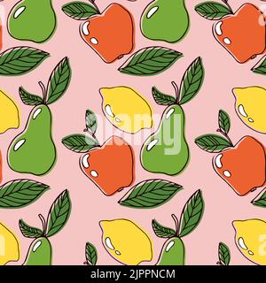 Lemon, apple, leaf and pear vector line art seamless pattern for textile prints. Stock Vector