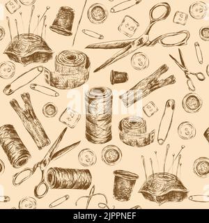 Sewing sketch seamless pattern with thread spool needle pillow scissors vector illustration. Stock Vector