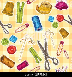 Sewing dressmaking and needlework accessories sketch seamless pattern vector illustration Stock Vector