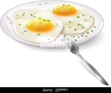 Fried eggs breakfast on plate with fork realistic isolated on white background vector illustration Stock Vector