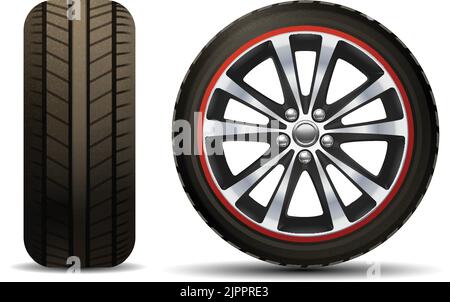 Realistic shining disk car wheel tyre set isolated vector illustration Stock Vector