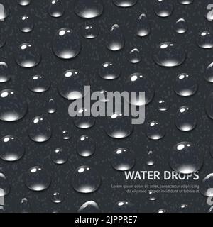 Realistic water drops on black textured background seamless pattern vector illustration Stock Vector