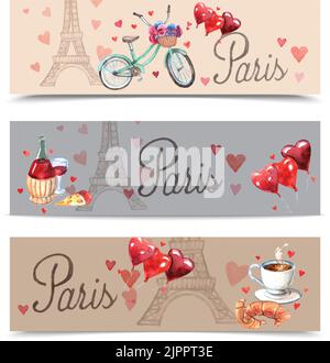 Paris  romantic love balloons and red wine with eiffel tower background banners set abstract watercolor vector illustration Stock Vector