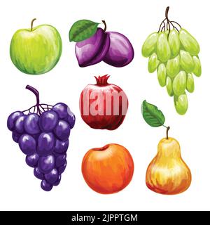 Fruits icons set with apple plum pomegranate grape pear peach isolated vector illustration Stock Vector