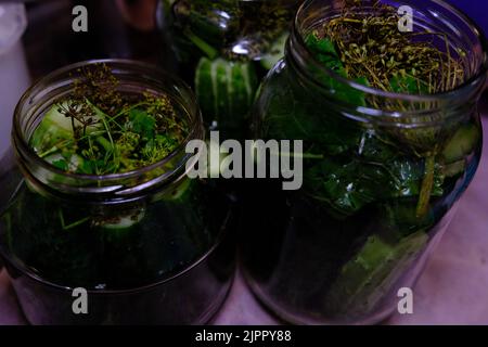 homemade canned cucumbers in big and small glass jars stand on kitchen table against. Stock Photo