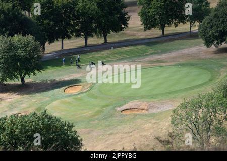 Coombe Hill, Buckinghamshire, UK. 19th August, 2022. The view from Coombe Hill over Ellesborough Golf Club on another warm but windy day as the ongoing drought continues. Credit: Maureen McLean/Alamy Live News Stock Photo