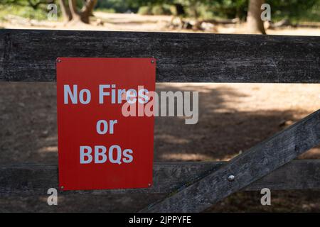 Coombe Hill, Buckinghamshire, UK. 19th August, 2022. A reminder for no fires or BBQs as the tinder dry conditions continue. Credit: Maureen McLean/Alamy Live News Stock Photo
