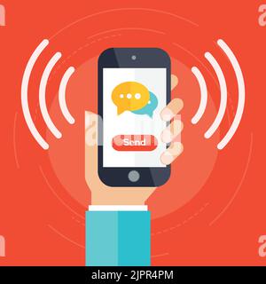 Send sms on mobile phone flat illustration. Hand holding smartphone with bubble and send message via sms chat with internet wifi. Vector illustration Stock Vector