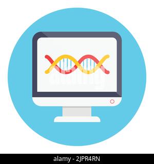DNA icon in computer monitor. Genetic test, analysis icon concept. Medical flat icon in circle isolated on white background. Vector icon Stock Vector