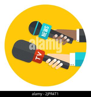 Paparazzi icon. Hands holding microphones. Press take interview. Live news concept. Mass media reporters with microphones. Flat illustration in circle Stock Vector
