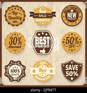 Set of sale badges and stickers retro styled in brown color. Vector elements Stock Vector