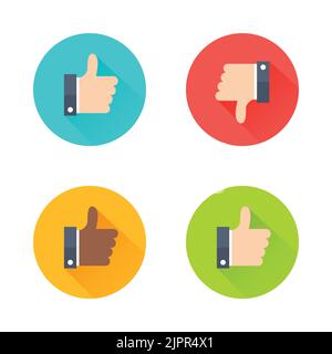 Like, dislike flat style icon set. Thumb up and down icons in cartoon style. Colorful approve buttons. Vector elements Stock Vector
