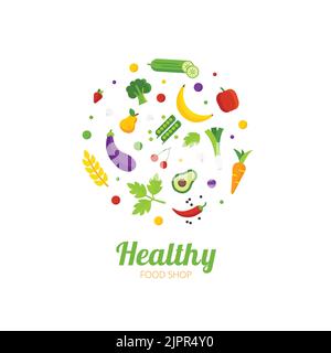 Healthy food shop logo. Fruits and Vegetables composition. Different fruits and vegetables in circle. Abstract logo for organic shop, vegetarian cafe Stock Vector