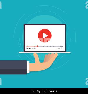 Hand holding laptop with video player. Video playback on laptop. Webinar advertising icon. Social media presentation. Online learning tutorial player Stock Vector