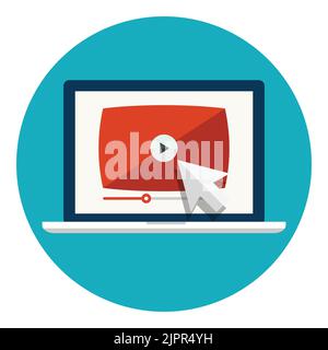 Laptop with video player on screen. Live streaming concept. Notebook with video player. Flat icon in circle isolated on white background. Vector icon Stock Vector