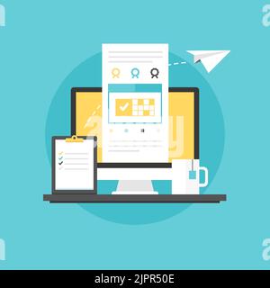Business planning icon concept. Computer with business calendar and clipboard in flat design style. Vector illustration Stock Vector