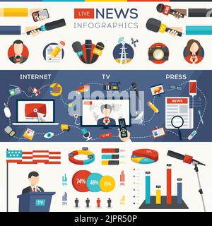 Live news infographic set with charts and collection of icons. Mass media television news, press design elements. Hands of journalists with microphone Stock Vector