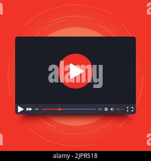 Video player frame. Video player interface screen. Video player frame in cartoon design style. Isolated on red background. Vector element Stock Vector