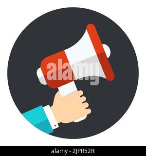 Hand holding megaphone, loudspeaker icon in circle isolated on white background. Event announce concept. Business advertising. Special sale promotion Stock Vector