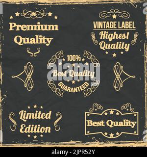 Retro style golden badge set on dark background. Vector elements Stock Vector