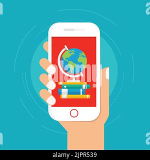 Online learning on mobile phone. Hand holding smartphone with globe and stock of books on the screen. Distance education. Online school vector concept Stock Vector