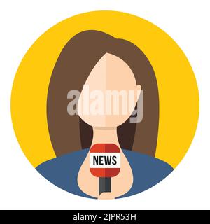 Female journalist with mic. Girl newsreader avatar icon. Woman TV reporter flat icon in circle isolated on white background. Faceless woman with mic Stock Vector