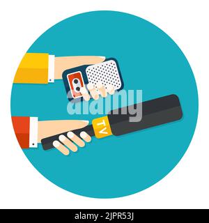 Paparazzi icon. Hands holding microphone and voice recorder. Press take interview. Live news concept. Mass media reporters. Flat vector illustration Stock Vector