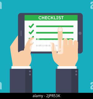 Tablet with checklist. Hands holding tablet with done task list. Finish the project concept. Digital tasks report list with check marks on tablet Stock Vector