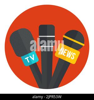 TV news microphone icon. Reporter equipment. Press conference, interview concept. Live news reportage. Flat vector icon in circle Stock Vector