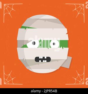 Mummy icon. Cartoon angry mummy monster character head. Halloween illustration isolated on stylized orange background. Vector illustration Stock Vector