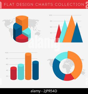 Charts, graphs vector flat design elements. 3d pie infographic elements for business financial statistics. Vector illustration Stock Vector