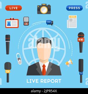 Vector live report concept, live news. Mass media flat style illustration. Live press conference concept. Male interviewer with journalism elements Stock Vector